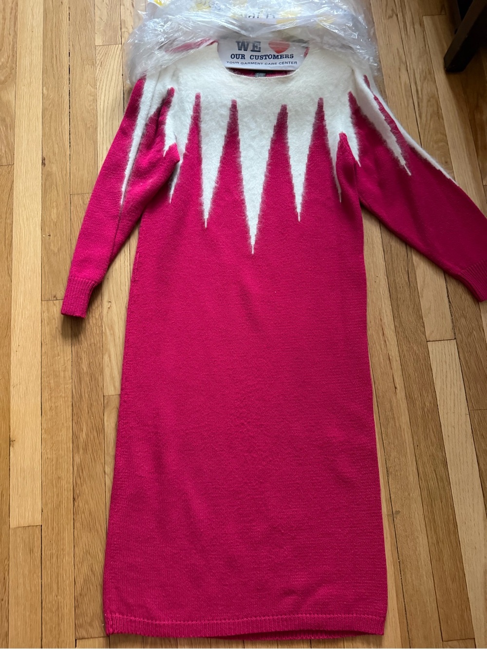 Vintage 80s GLAM Hot Pink Acrylic Knit Bolts Sweater Dress